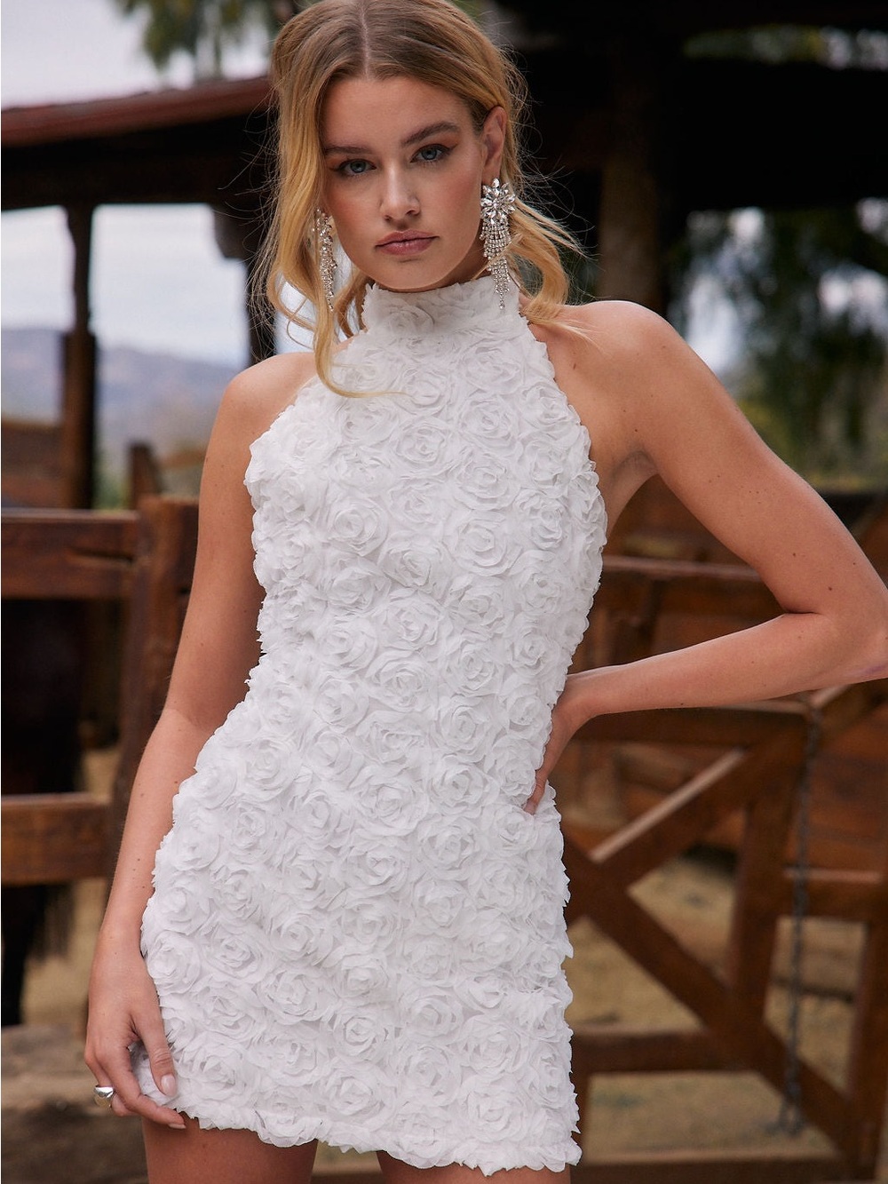 12th Tribe White Rose Appliqué High-Neck Mini Dress